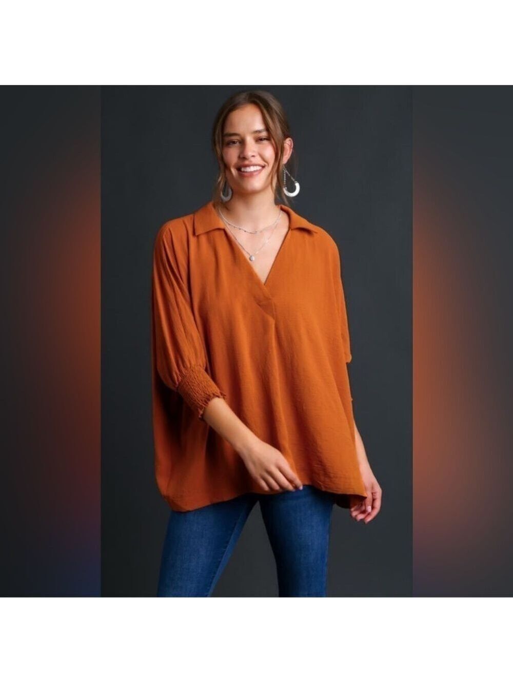 Umgee Collared Textured Smocked Sleeve Cuffs Oversized BoHo Blouse Top 1X